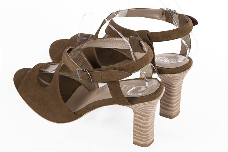Chocolate brown women's open back sandals, with crossed straps. Round toe. High kitten heels. Rear view - Florence KOOIJMAN